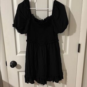 Elegant Black Puff Sleeve Dress, smocked bodice. Topshop US Size 6